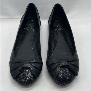 Black Leather Vince Camuto Bow & Sparkles Ballet Flats